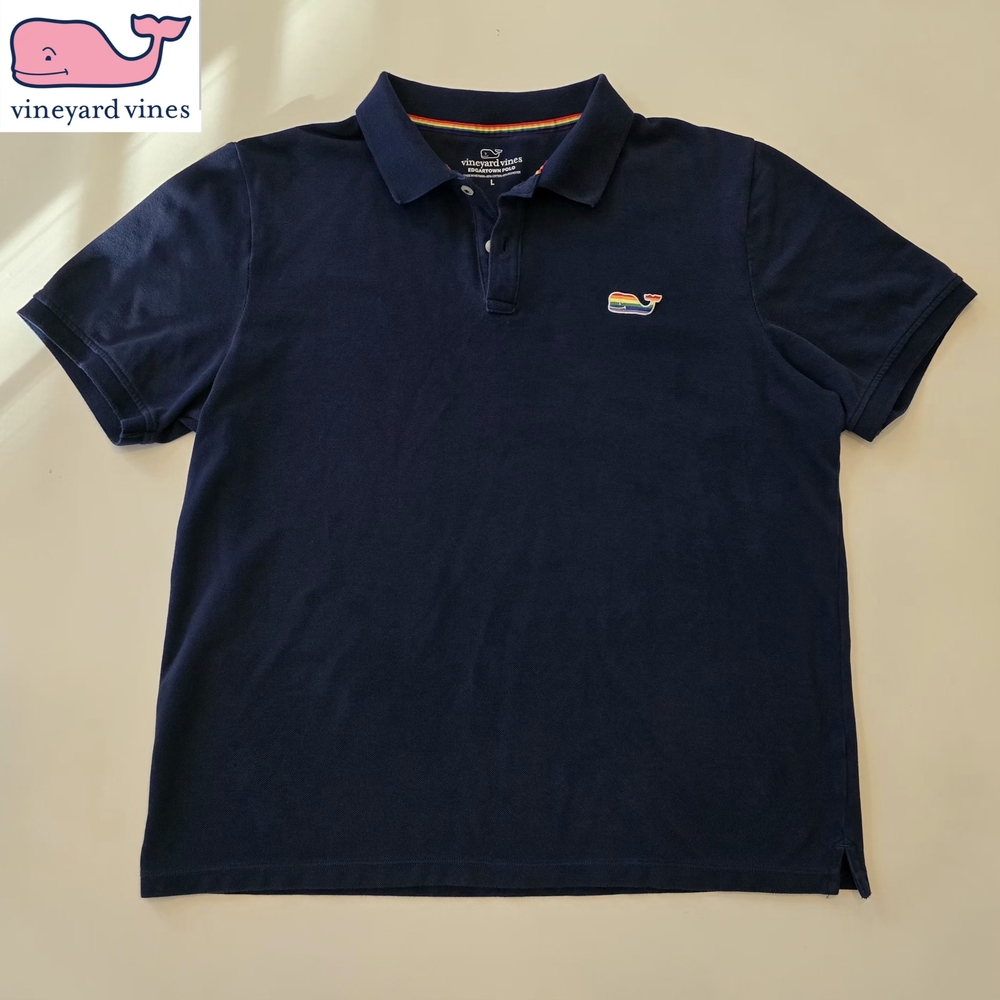 Vineyard Vines Men's Large Edgarton Navy Pride Polo Shirt w/ Rainbow Whale Logo - Picture 3 of 7